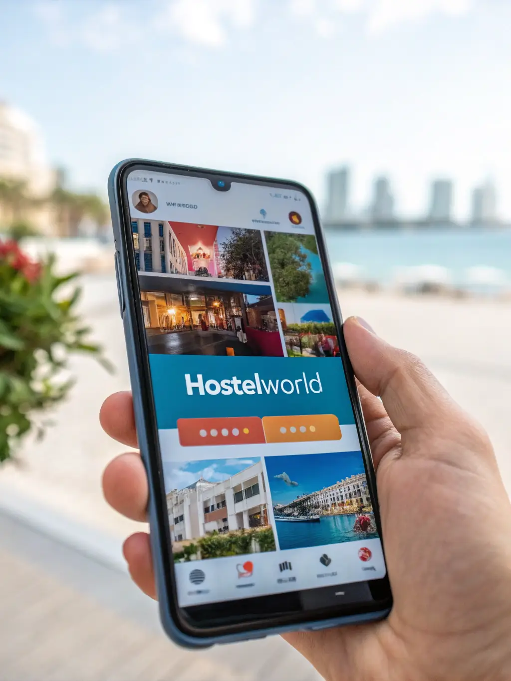 Traveler using smartphone flight search app with vibrant city background, representing convenient travel planning