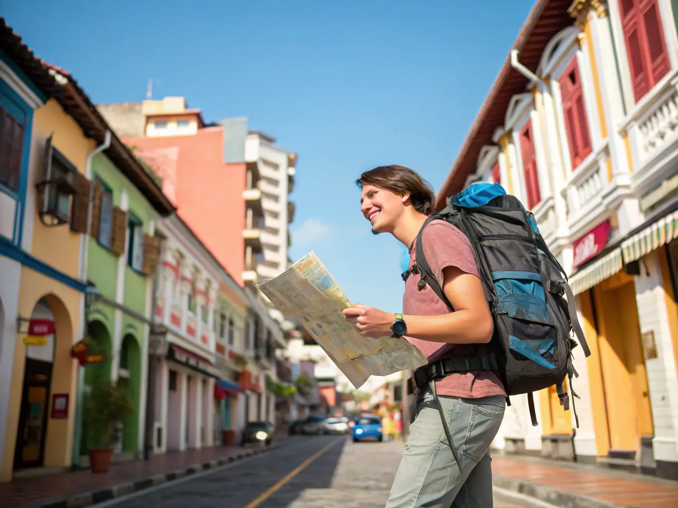 A solo traveler confidently navigating a bustling city street with a backpack, using a smartphone to check directions, with a vibrant market scene in the background.